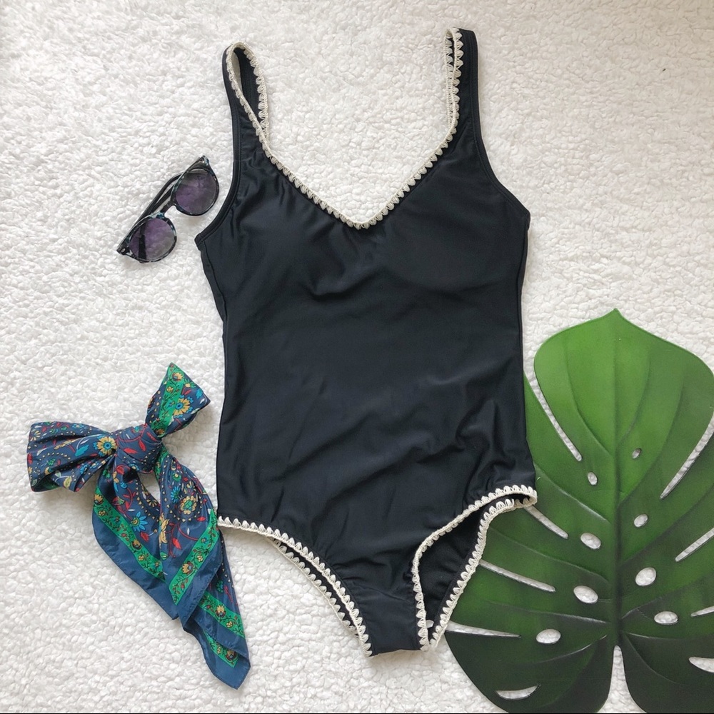 Black One Piece Swimsuit with Crochet Trim